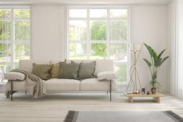 White living room with sofa and summer landscape in window. Scandinavian interior design. 3D illustration