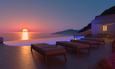 3d render of a swimming pool in the sunset at a hotel in Mykonos, a Greek island in Aegean , a summer relaxed holiday concept - obrazy, fototapety, plakaty
