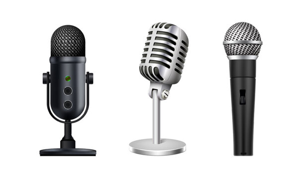 3d realistic icon collection. Music and sound concept. Set of modern microphones. Isolated on white background.