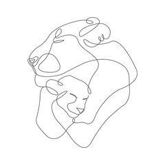 Lion cradling a lioness to himself in minimalist style. Concept of animal idyll and happiness. Design suitable for decor, tattoo, logo, mascot, love symbol, badge, t-shirt printing. Isolated vector