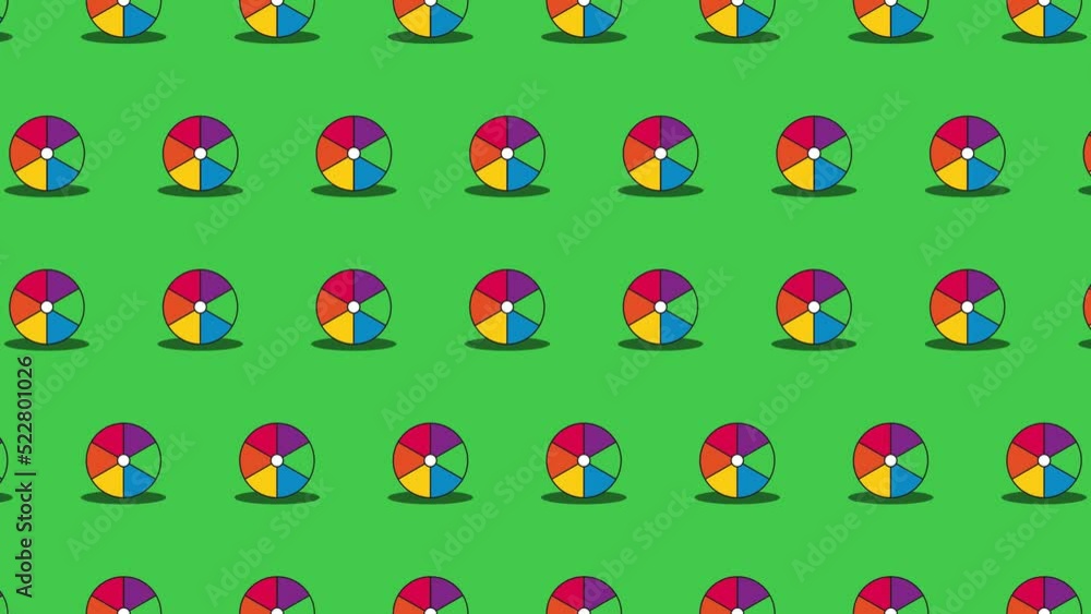 Poster multicolor beach balls in geometric grid pattern on a green background. sport balls in seamless loop