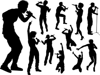 A set of singers pop, country music, rock stars and hiphop rapper artist vocalists in high quality detailed silhouette