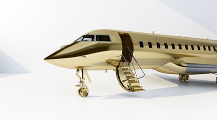 private jet with open airstairs in gold color