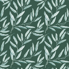 Seamless watercolor background with hand-drawn eucalyptus branch. Eucalyptus leaves