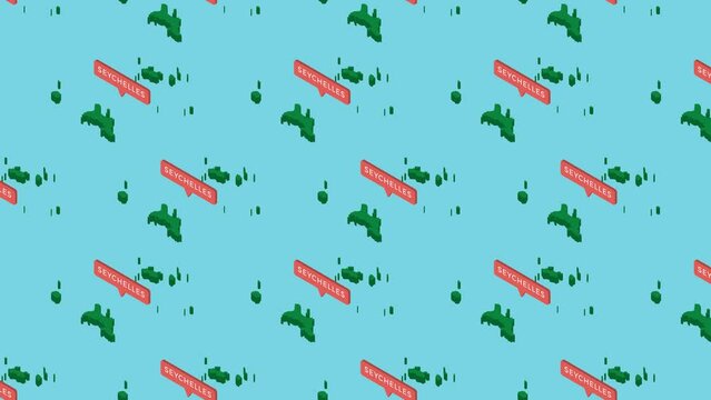 Green isometric maps of country Seychelles with orange pointer on a blue background. Seamless loop horizontal movement of fake 3d geographic map concept