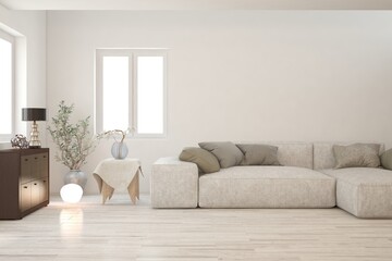 White living room with sofa. Scandinavian interior design. 3D illustration