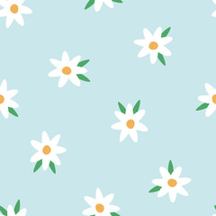 Fototapeta na wymiar Seamless pattern with white Jasmine flowers, green leaves and blue background