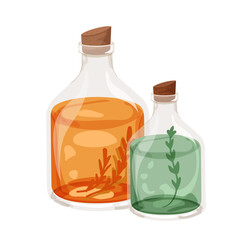 Glass bottles with natural cosmetic oils and flowers inside. Herbal extracts in transparent flask for nature medicine, spa and beauty treatments. Flat vector illustration isolated on white background