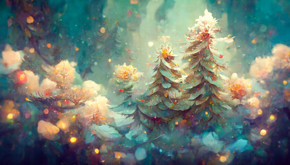 Obraz na płótnie Canvas Fairy forest, christmas big snowy fir trees against background. Natural Scenery Realistic Illustration. 3D Render beautiful artwork. Colorful Impressionism.