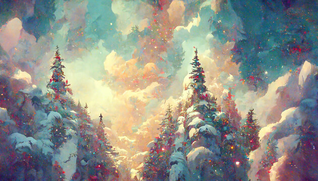 Fairy forest, christmas big snowy fir trees against background. Natural Scenery Realistic Illustration. 3D Render beautiful artwork. Colorful Impressionism.