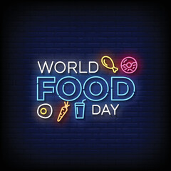 Obraz premium Neon Sign world food day Brick Wall Background Vector