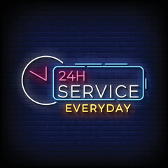 Neon Sign 24 hours service Brick Wall Background Vector