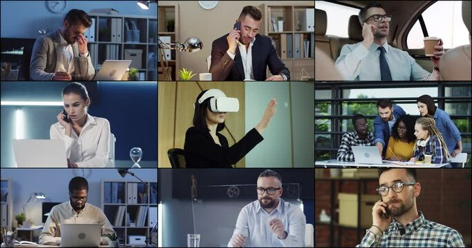 Multi-ethnic business people working in office. Male and female professional workers using gadgets. Woman in VR glasses in cabinet. Man works late at night on laptop, businessman talking on smartphone
