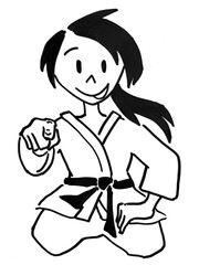 A judo girl in Seiza position with a giggling expression
