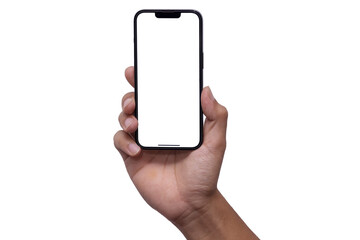 iPhone mockup on Hand holding the PNG of smartphone iphone14 with blank screen and modern frameless...