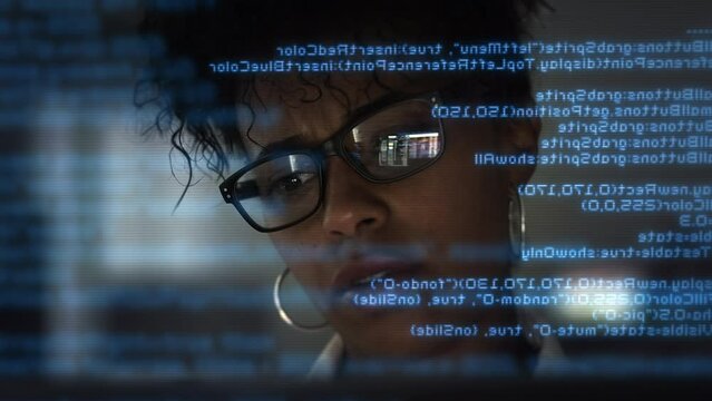  Portrait of African American Female Startup Digital Entrepreneur Working on Computer, Line of Code Projected. App Programmer Looking at Hologram of Program Code Machine Learning Data Algorithm.