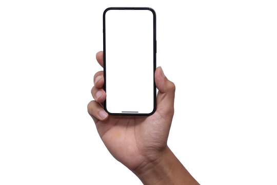 Hand holding the PNG of smartphone iphone with blank screen and modern frameless design, hold Mobile phone on transparent background Ideal for marketing, app design : Bangkok, Thailand - July 13, 2022