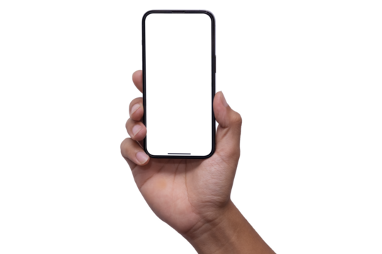 Hand holding the PNG of smartphone iphone with blank screen and modern frameless design, hold Mobile phone on transparent background Ideal for marketing, app design : Bangkok, Thailand - July 13, 2022