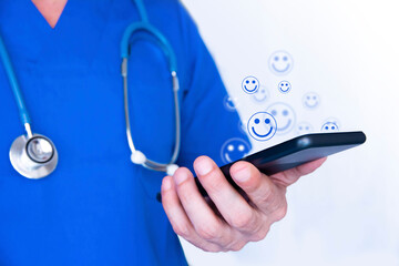 mano, telefono, medico,  pazienti, felicità