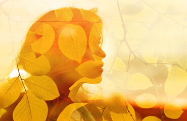 Multiexposure face portrait of beautiful young woman with autumn fall yellow foliage leaves. Season change concept.