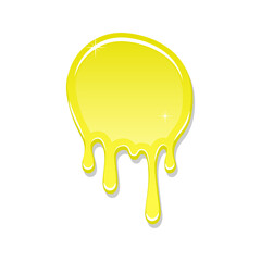 Drip paint spot 3D isolated on white background. Yellow ink splash. Splatter stain texture. Dribble down design. Flow art material. Liquid drop. Fluid spill stain Vector illustration
