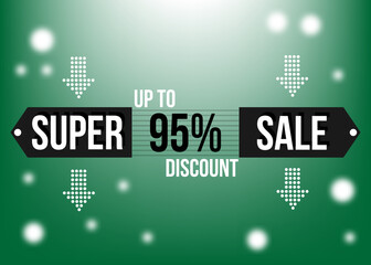 95% off. Horizontal Black banner. Advertising for Super Sale. Up to 95% discount for promotions and offers.