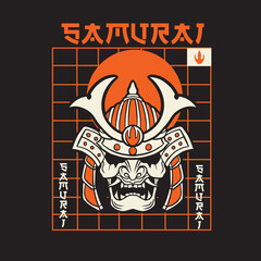 Samurai warrior mask. Traditional armor of japanese warrior. Vector illustration, shirt graphic. All elements; mask, helmet, colors are on the separate layers and editable.