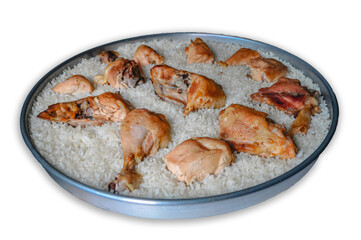 Traditional Balkan immigrant food 'Chicken with Rice' (Turkish: Tavuk Kapama, Tavuk Buryan) on the white background. Ottoman food