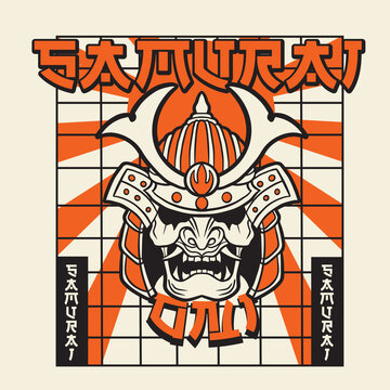 Samurai warrior mask. Traditional armor of japanese warrior. Vector illustration, shirt graphic. All elements; mask, helmet, colors are on the separate layers and editable.