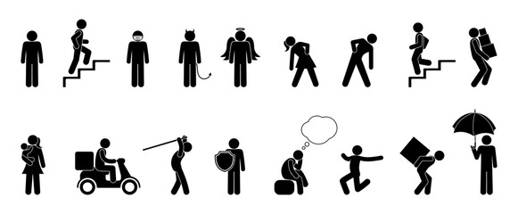 stick figure man icon, isolated human pictogram, people in different poses