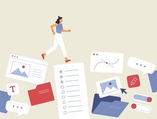 Designer workflow concept. Digital artist runs and jumps on windows of working professional interface. Hard work of an IT expert. Vector illustration in flat design. 