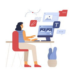 The designer works in the office. Digital artist creates design at a computer with user interface windows. IT professional workflow concept. Vector illustration in flat design isolated on white.
