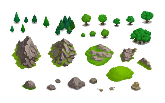 Isometric Stylized Trees, Rocks and Mountains Set for Casual Game
