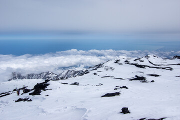 Amazing view from above the mount Etna Volcano craters in the Catania city, Sicily island (Sicilia, Italia) Europe