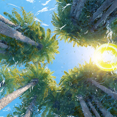 View from under the water high green palm trees and water with an inflatable ring for swimming. The concept of tourism and recreation. 3D rendering