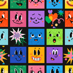 Vector Colorful Seamless Background with Illustrations different emotion face. Bright cartoon-styled elements for your design of wallpaper, t-shirt print, graphic print pattern fills, wrapping paper