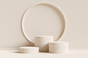 Product display podium with fairy lights on brown background. . 3D rendering