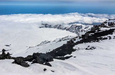 Amazing view from above the mount Etna Volcano craters in the Catania city, Sicily island (Sicilia, Italia) Europe