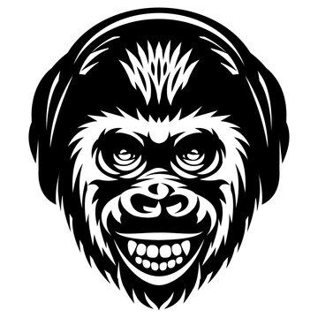 Monkey head template with headphones and smile. Vector monochrome illustration