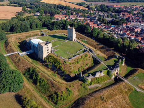 Aerial view of Helmsley Castle  in the village of Helmsley in the Ryedale District of North Yorkshire, United Kingdom.
