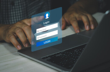 man using keyboard computer laptop login interface on touch screen. user name and password inputs...