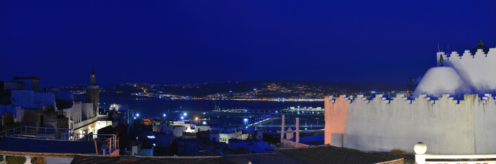 Panoramic View of Tangier City at Night, Morocco.
