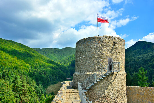 Ruins of Rytro medieval castle on the hill in summer sunny day