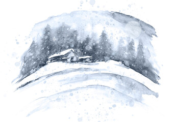 Watercolor winter pattern. Abstract landscape village on the mountain. Country landscape. The picture shows a house, spruce, pine, forest, snow and drifts.  Night, evening, hut. Painting, acrylic.