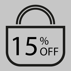 15 percent off. Gray banner with shopping bag illustration.