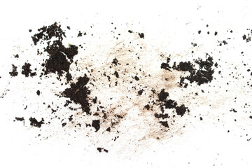 Dirty spots of earth on a white background. The paper is dirty.
