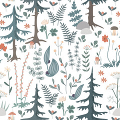 Doodle and cozy woodland seamless pattern. Hand drawn forest plants on the white background. Scandinavian style drawing of herbs and flowers. Vector illustration © Toltemara