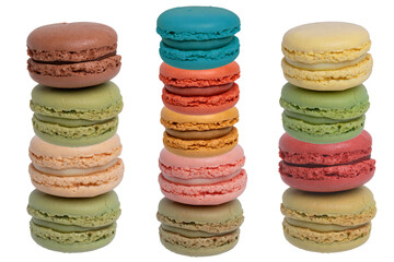 Pastries, desserts and sweets. Collage set of a various multicolored original french macaroon cookies isolated on a white background. Such as green pistachio, yellow lemon, red strawberry