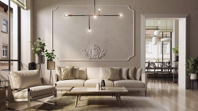 Animacja prezentująca przemianę, tego samego 
 nowoczesnego wnętrza, w starej kamienicy, za sprawą zmiany kolor&oacute;w, tekstur, dekor&oacute;w i wykończeń. 