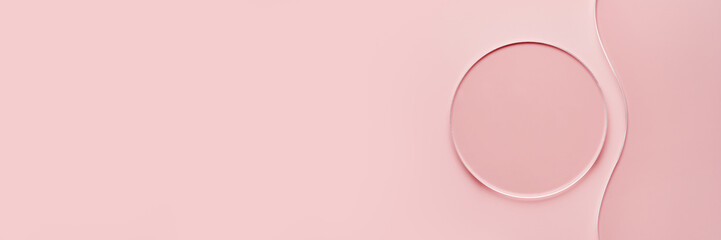 Empty round petri dish and wavy glass slide on pink banner. Mockup for cosmetic or scientific product sample - obrazy, fototapety, plakaty